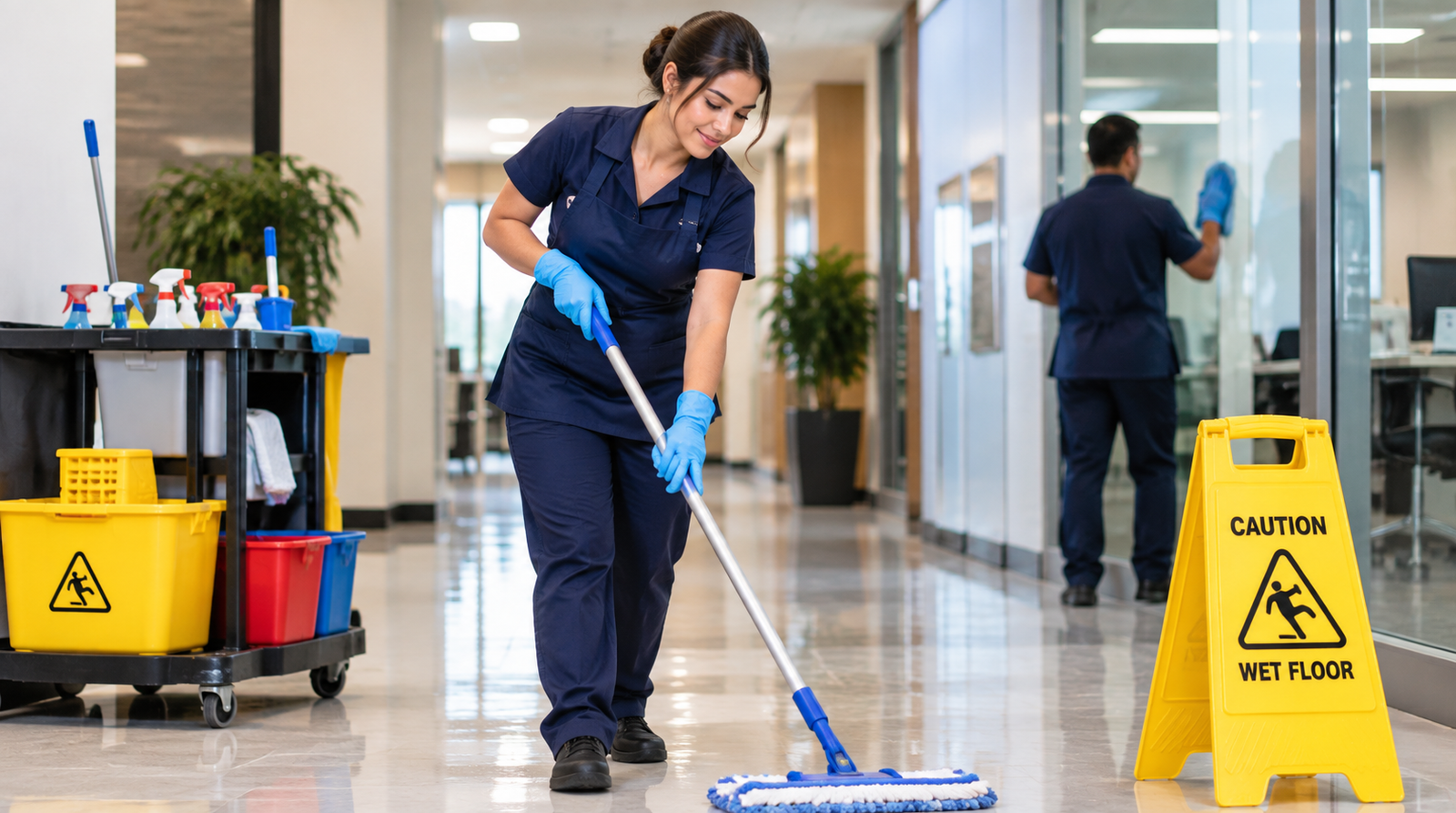 Professional cleaning workers